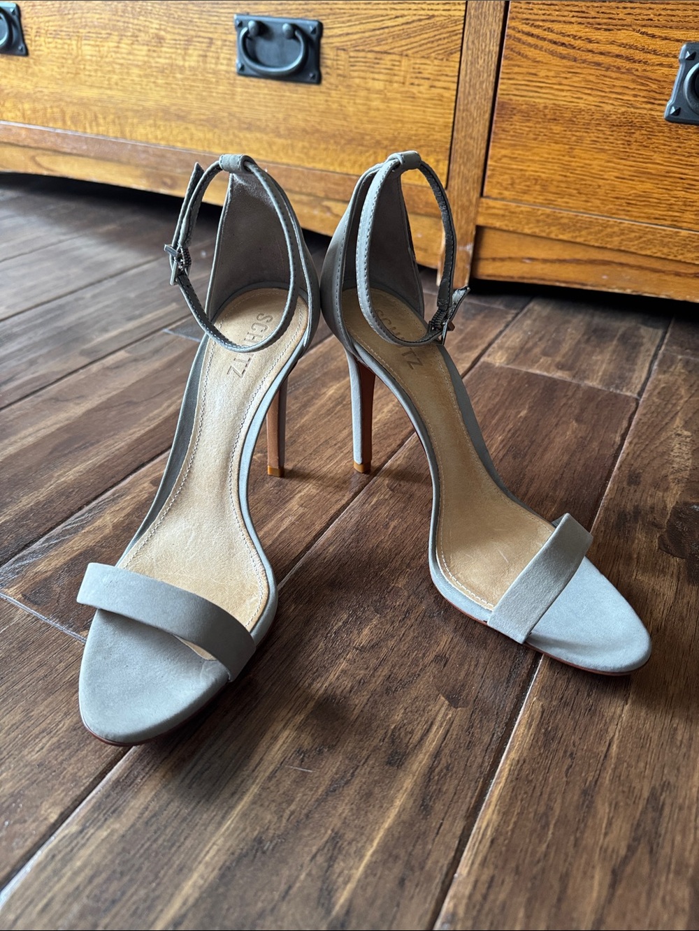 SCHUTZ Gray Suede Single-Band Ankle-Strap Stilettos